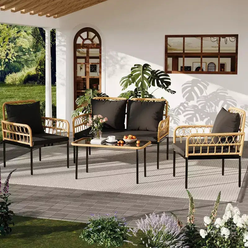 Ensemble de 4 meubles de patio en rotin – Meubles de terrasse en rotin creux, ensemble de mobilier d'extérieur en osier avec table basse en verre pour patio, arrière-cour