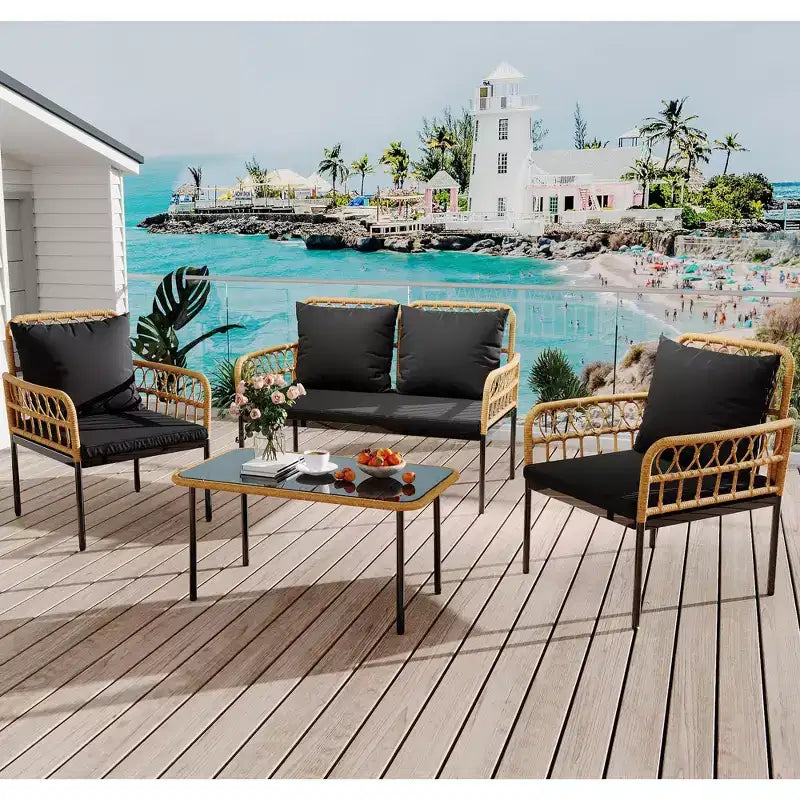 Ensemble de 4 meubles de patio en rotin – Meubles de terrasse en rotin creux, ensemble de mobilier d'extérieur en osier avec table basse en verre pour patio, arrière-cour
