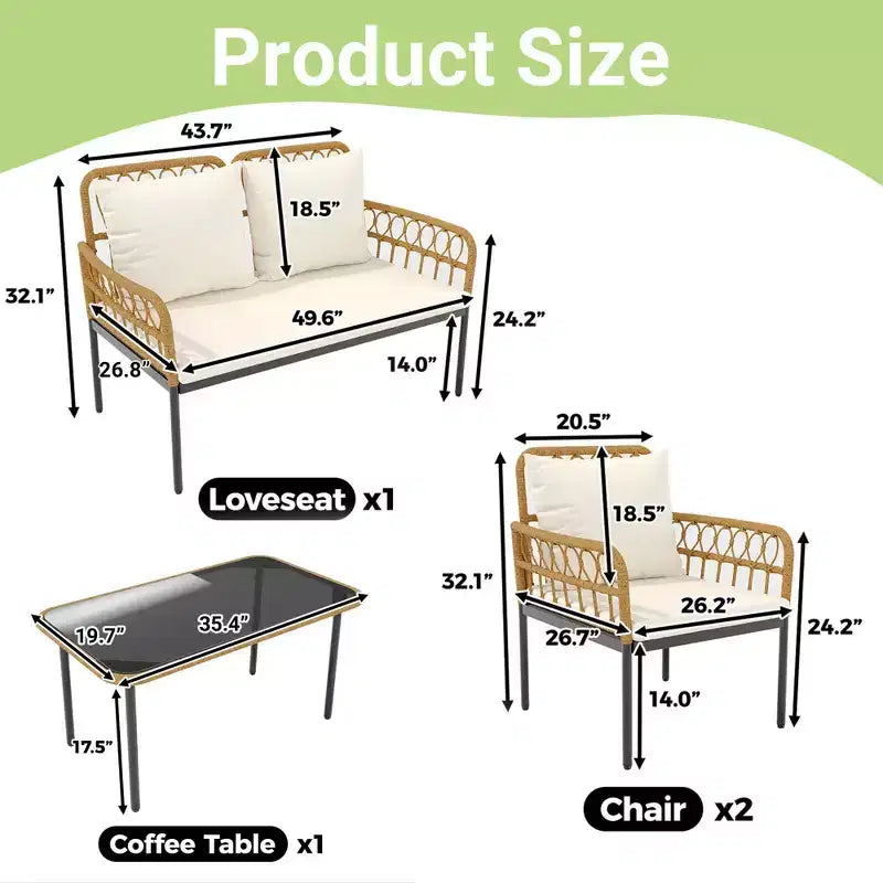 Ensemble de 4 meubles de patio en rotin – Meubles de terrasse en rotin creux, ensemble de mobilier d'extérieur en osier avec table basse en verre pour patio, arrière-cour
