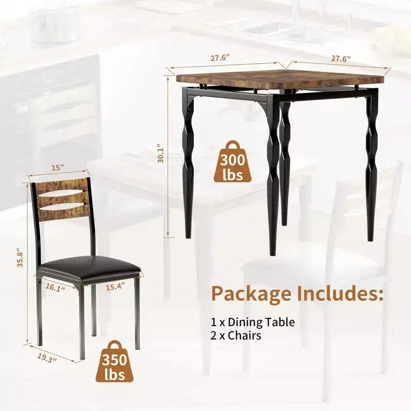 Ensemble de salle à manger 3 pièces pour 2, ensemble de table de cuisine de 27 pouces avec pieds en spirale, table et chaises de cuisine carrées en bois, table de petit-déjeuner peu encombrante pour la cuisine