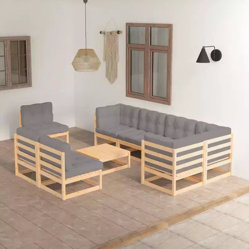 vidaXL Salon de Jardin 9 pcs Meubles de Jardin Canapé d'angle Extérieur Bois de Pin Massif - Naturel avec Coussins