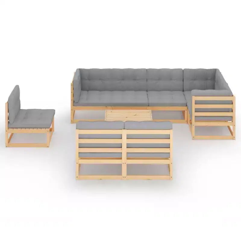 vidaXL Salon de Jardin 9 pcs Meubles de Jardin Canapé d'angle Extérieur Bois de Pin Massif - Naturel avec Coussins
