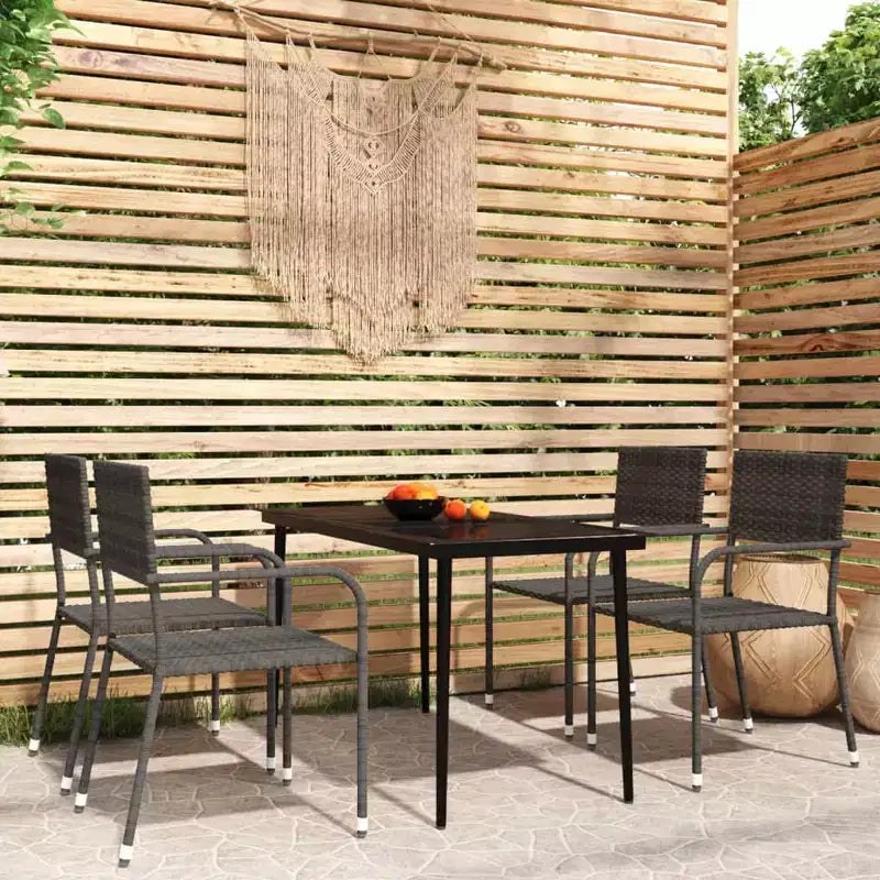vidaXL Salon de jardin noir en résine tressée, acier thermolaqué, verre - gris - Longueur de la table 140 cm - 4 articles