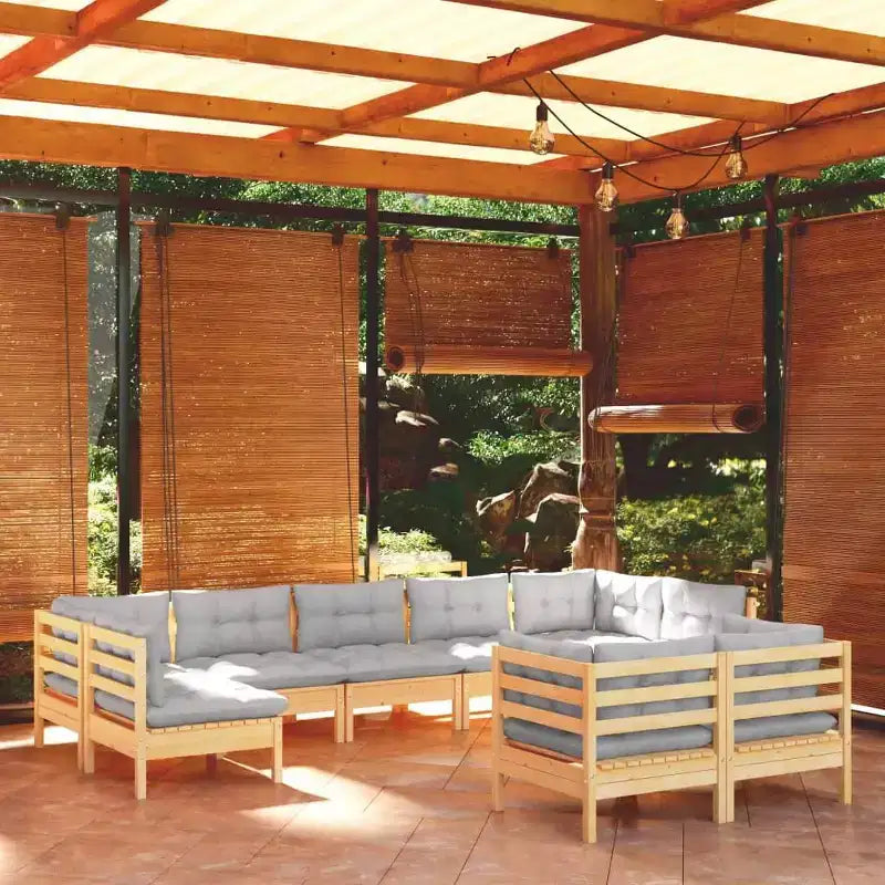 vidaXL Salon de jardin 9 pièces en pin massif avec coussins gris - Marron et gris