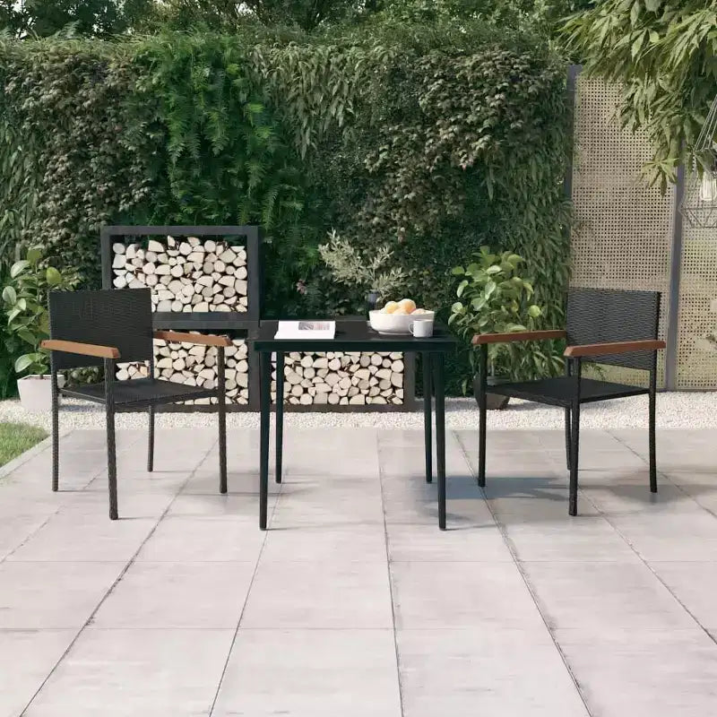 vidaXL Ensemble de salle à manger d'extérieur 3 pièces noir avec chaises en rotin PE et plateau de table en verre, salon de jardin avec cadres en acier robustes enduits de poudre
