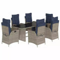 vidaXL 7-Piece Poly Rattan Patio Dining Set - Adjustable Reclining Chairs, Tempered Glass Table, Washable Cushions in Gray and Navy Blue