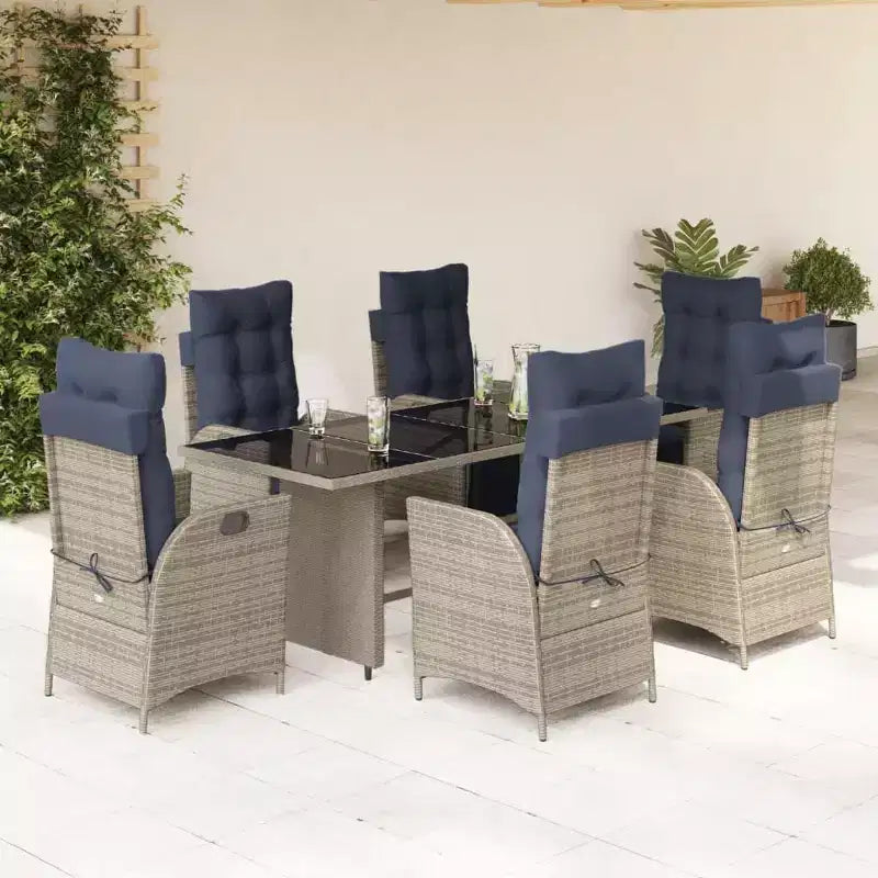 vidaXL Ensemble repas de jardin 7 pièces en résine tressée – Chaises inclinables réglables, table en verre trempé, coussins lavables gris et bleu marine