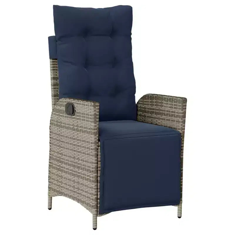 vidaXL Ensemble repas de jardin 7 pièces en résine tressée – Chaises inclinables réglables, table en verre trempé, coussins lavables gris et bleu marine