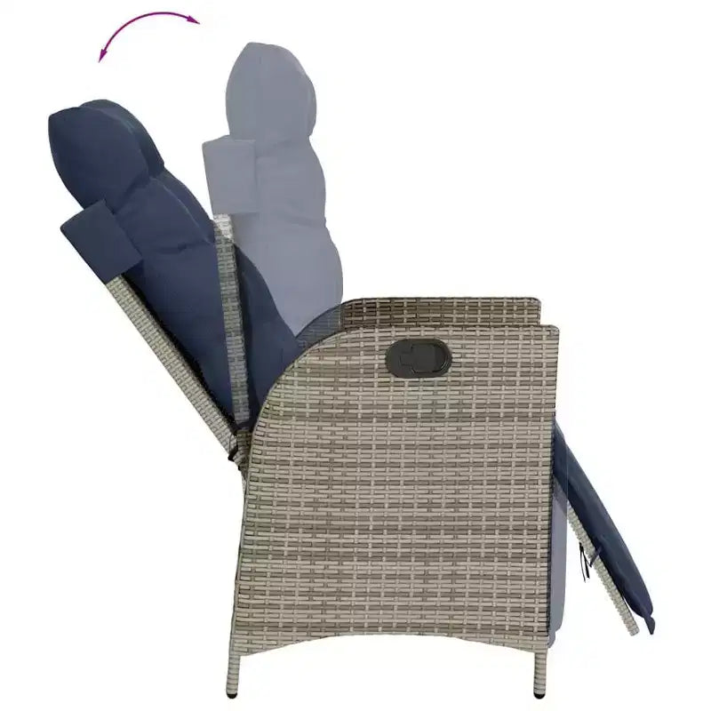 vidaXL Ensemble repas de jardin 7 pièces en résine tressée – Chaises inclinables réglables, table en verre trempé, coussins lavables gris et bleu marine