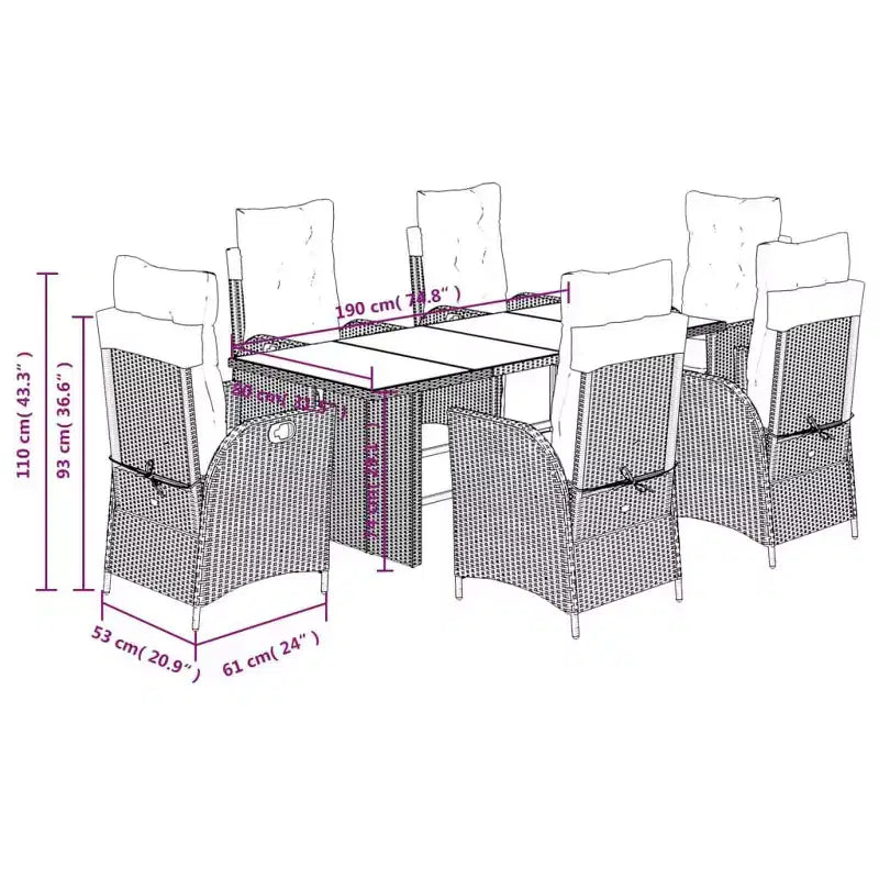 vidaXL Ensemble repas de jardin 7 pièces en résine tressée – Chaises inclinables réglables, table en verre trempé, coussins lavables gris et bleu marine