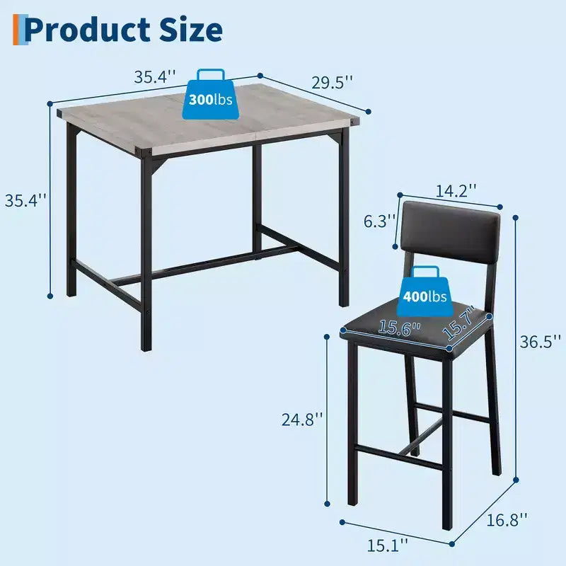 Ensemble de table à manger et 2 tabourets de bar rembourrés COZONY avec repose-pieds et dossier, idéal pour les petits espaces