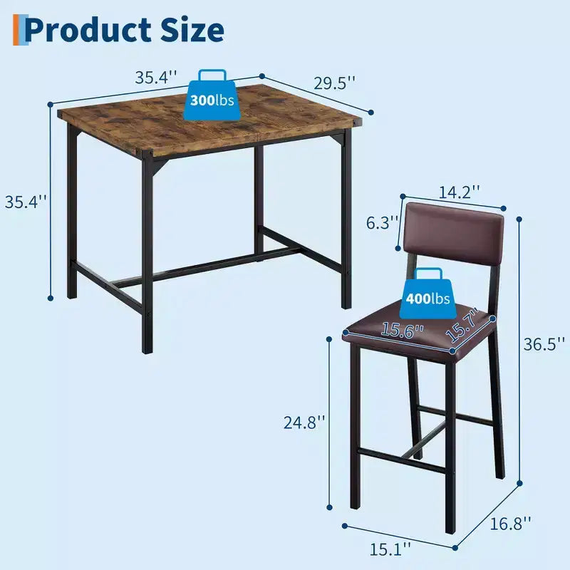 Ensemble de table à manger et 2 tabourets de bar rembourrés COZONY avec repose-pieds et dossier, idéal pour les petits espaces