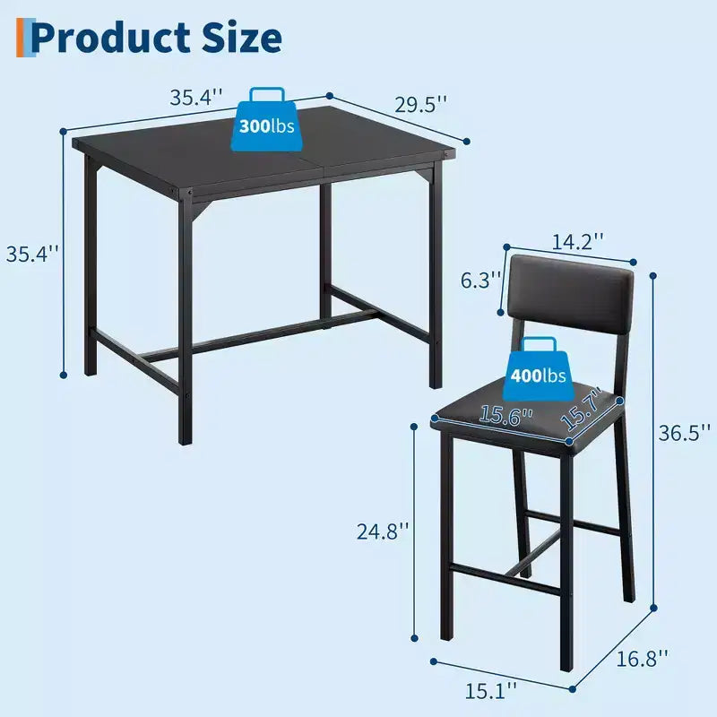 Ensemble de table à manger et 2 tabourets de bar rembourrés COZONY avec repose-pieds et dossier, idéal pour les petits espaces