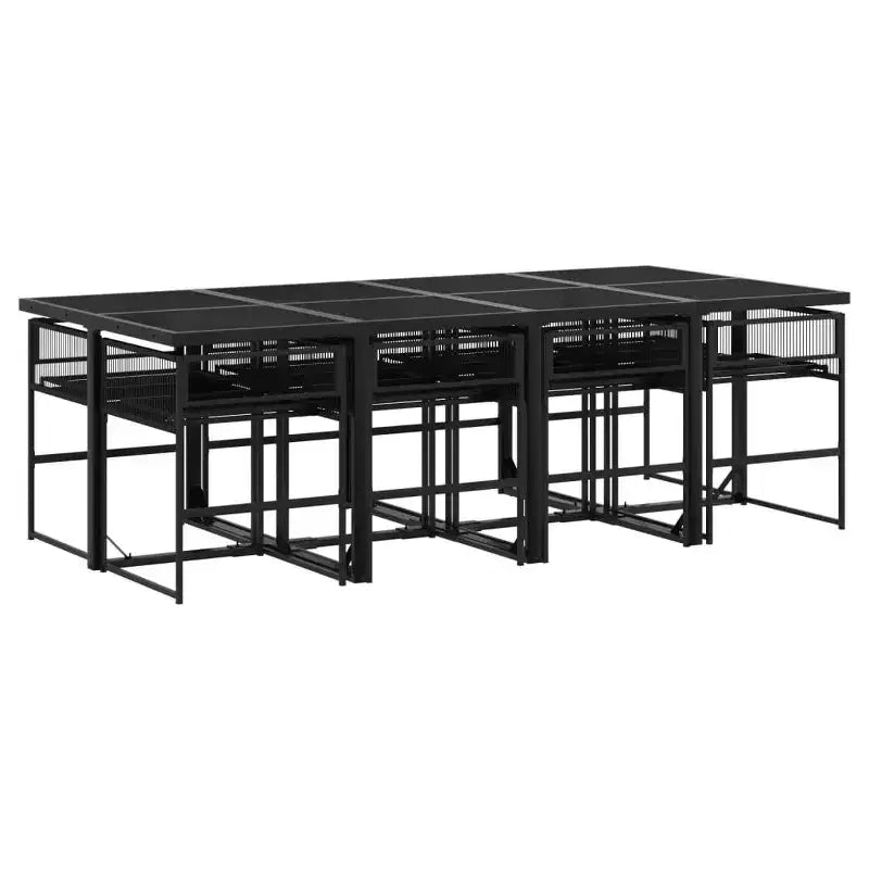 vidaXL Ensemble de salle à manger d'extérieur 9 pièces en résine tressée noire avec coussins, table rectangulaire en verre, chaises pliantes