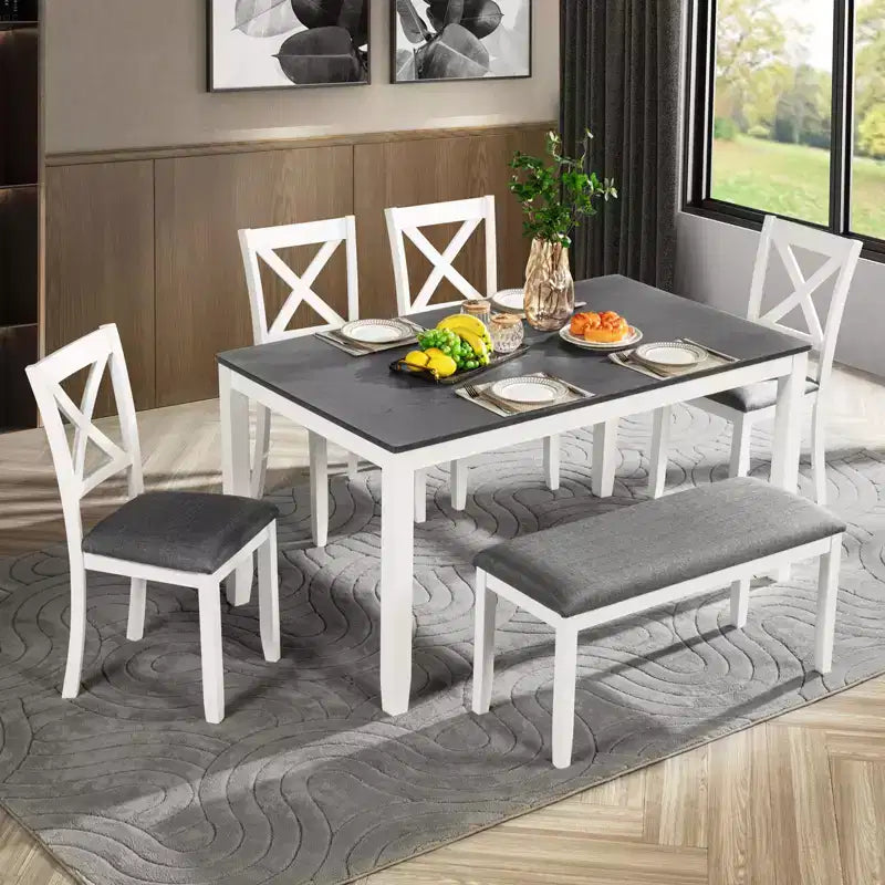 Ensemble de salle à manger GDFStudio Alvarez moderne 6 pièces avec chaises et banc rembourrés en bois d'hévéa et table de salle à manger rectangulaire