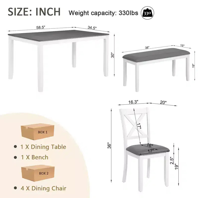 Ensemble de salle à manger GDFStudio Alvarez moderne 6 pièces avec chaises et banc rembourrés en bois d'hévéa et table de salle à manger rectangulaire