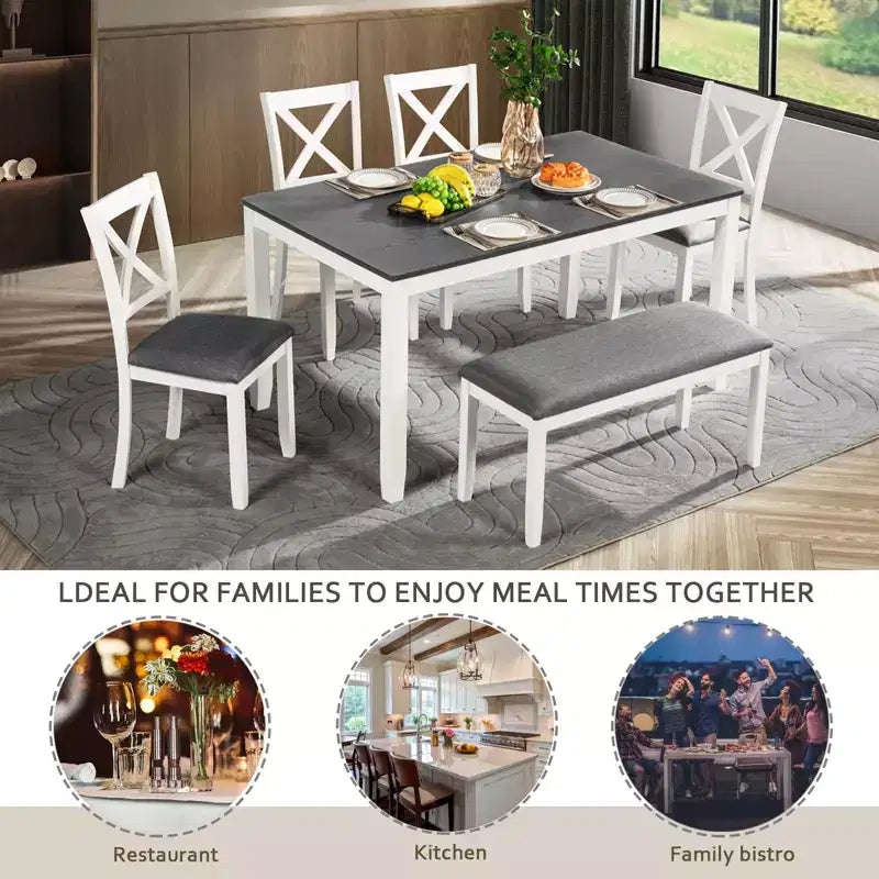 Ensemble de salle à manger GDFStudio Alvarez moderne 6 pièces avec chaises et banc rembourrés en bois d'hévéa et table de salle à manger rectangulaire