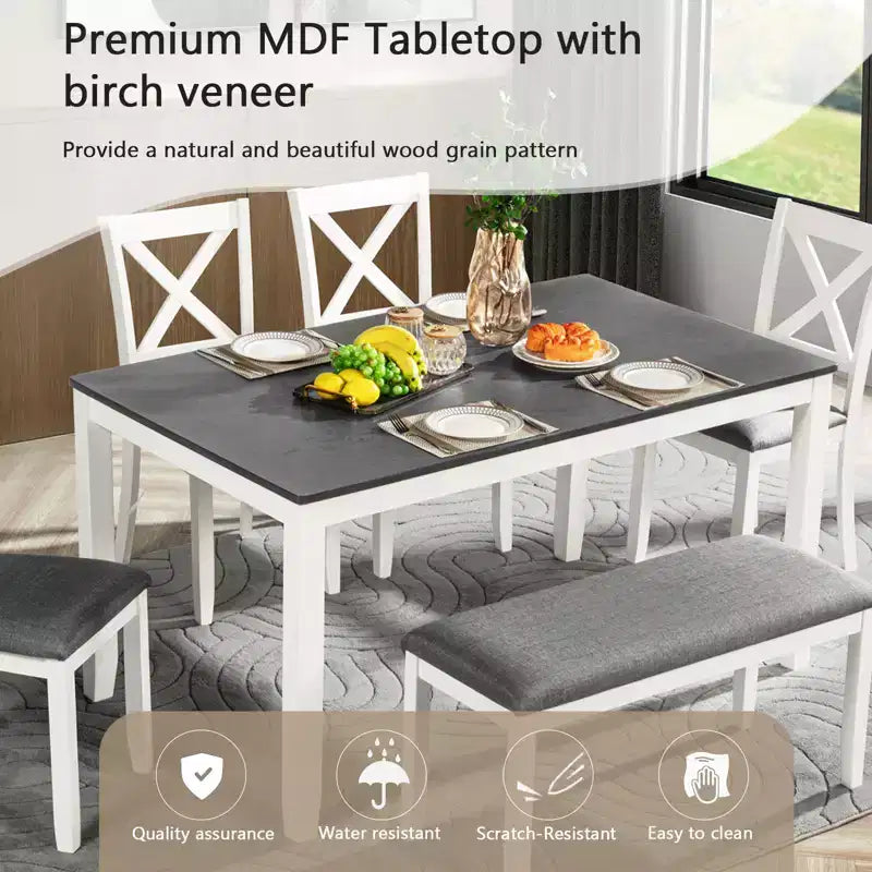 Ensemble de salle à manger GDFStudio Alvarez moderne 6 pièces avec chaises et banc rembourrés en bois d'hévéa et table de salle à manger rectangulaire