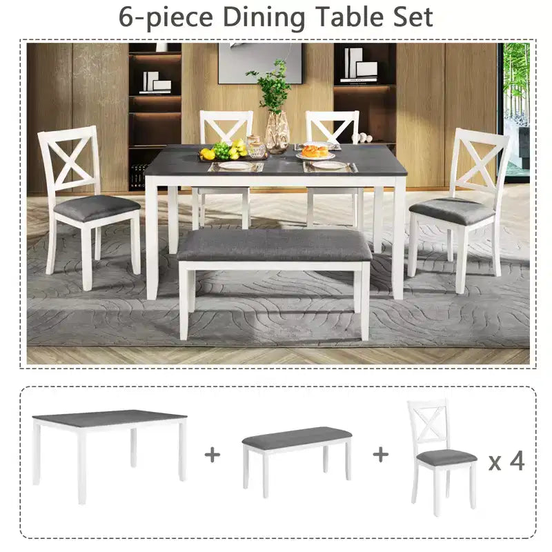 Ensemble de salle à manger GDFStudio Alvarez moderne 6 pièces avec chaises et banc rembourrés en bois d'hévéa et table de salle à manger rectangulaire