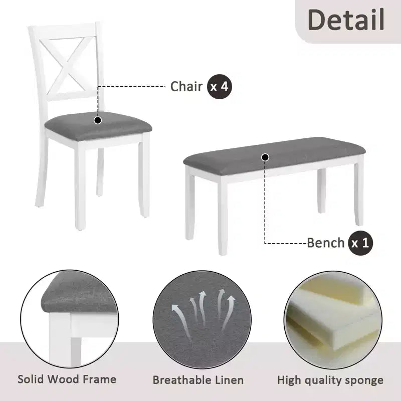 Ensemble de salle à manger GDFStudio Alvarez moderne 6 pièces avec chaises et banc rembourrés en bois d'hévéa et table de salle à manger rectangulaire