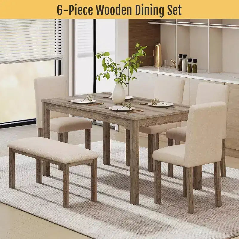 Ensemble de salle à manger Zevemomo 6 pièces en bois massif avec 1 table, 4 chaises rembourrées et 1 banc, ensemble table et chaises de salle à manger en bois pour salle à manger, cuisine, restaurant, marron