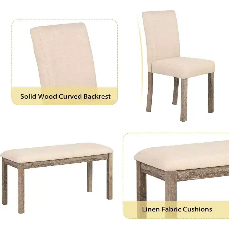 Ensemble de salle à manger Zevemomo 6 pièces en bois massif avec 1 table, 4 chaises rembourrées et 1 banc, ensemble table et chaises de salle à manger en bois pour salle à manger, cuisine, restaurant, marron