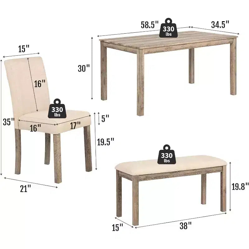 Ensemble de salle à manger Zevemomo 6 pièces en bois massif avec 1 table, 4 chaises rembourrées et 1 banc, ensemble table et chaises de salle à manger en bois pour salle à manger, cuisine, restaurant, marron