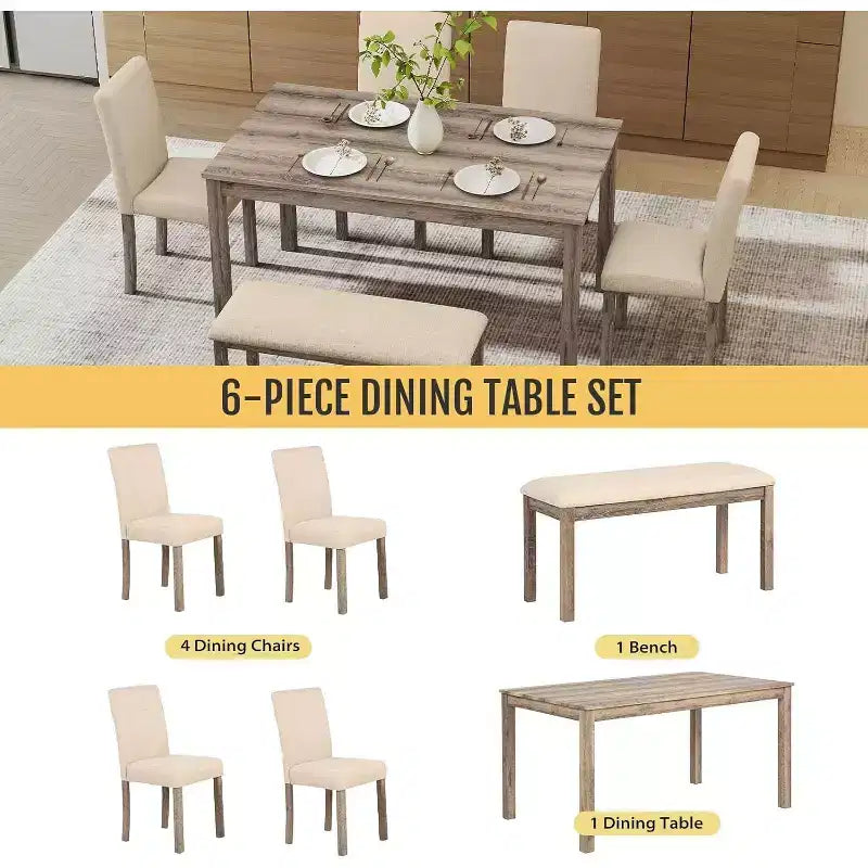 Ensemble de salle à manger Zevemomo 6 pièces en bois massif avec 1 table, 4 chaises rembourrées et 1 banc, ensemble table et chaises de salle à manger en bois pour salle à manger, cuisine, restaurant, marron