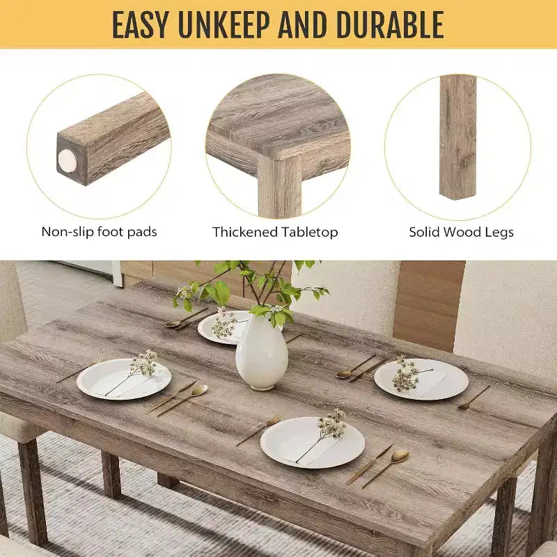 Ensemble de salle à manger Zevemomo 6 pièces en bois massif avec 1 table, 4 chaises rembourrées et 1 banc, ensemble table et chaises de salle à manger en bois pour salle à manger, cuisine, restaurant, marron