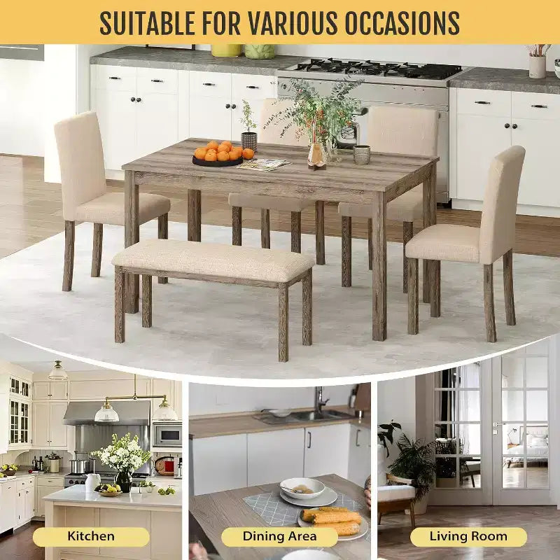 Ensemble de salle à manger Zevemomo 6 pièces en bois massif avec 1 table, 4 chaises rembourrées et 1 banc, ensemble table et chaises de salle à manger en bois pour salle à manger, cuisine, restaurant, marron