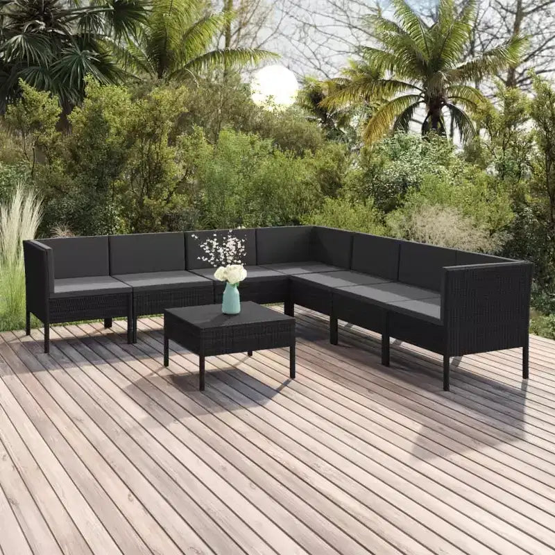 vidaXL Salon de jardin 8 pièces avec coussins, en rotin synthétique, résistant aux intempéries, structure en acier thermolaqué, design modulable, noir