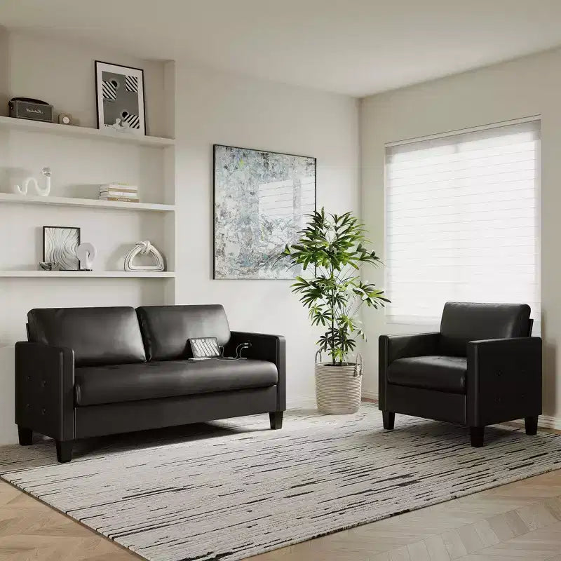 TYBOATLE Faux Leather Sofa 2 Set, Living Room Upholstered Sofa Couch, Mid Century Modern Couch Set with Wooden Legs for Living Room, Bedroom, Office