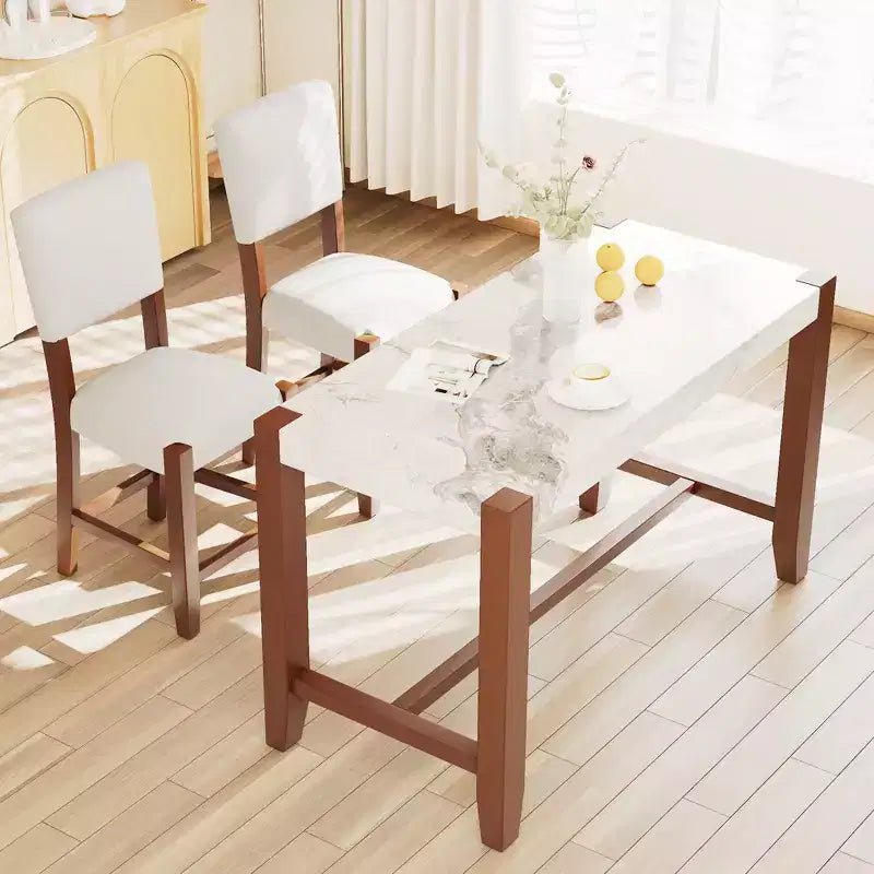 Ensemble table de salle à manger hauteur comptoir 3 ou 5 pièces, plateau en faux marbre et chaises rembourrées avec pieds en bois d'hévéa, marron - ModernLuxe