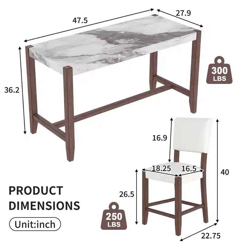 Ensemble table de salle à manger hauteur comptoir 3 ou 5 pièces, plateau en faux marbre et chaises rembourrées avec pieds en bois d'hévéa, marron - ModernLuxe