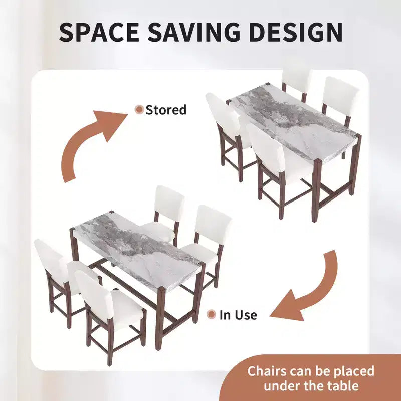 Ensemble table de salle à manger hauteur comptoir 3 ou 5 pièces, plateau en faux marbre et chaises rembourrées avec pieds en bois d'hévéa, marron - ModernLuxe