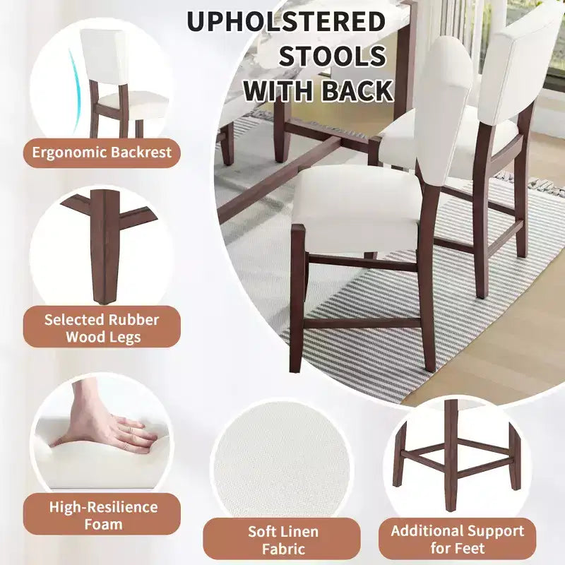 Ensemble table de salle à manger hauteur comptoir 3 ou 5 pièces, plateau en faux marbre et chaises rembourrées avec pieds en bois d'hévéa, marron - ModernLuxe