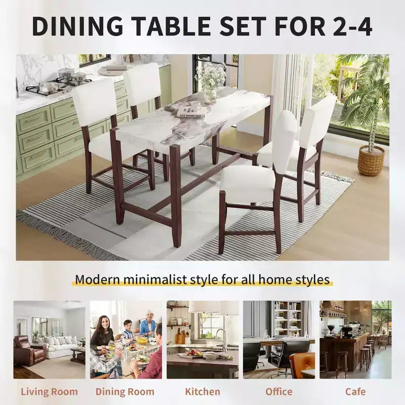 Ensemble table de salle à manger hauteur comptoir 3 ou 5 pièces, plateau en faux marbre et chaises rembourrées avec pieds en bois d'hévéa, marron - ModernLuxe