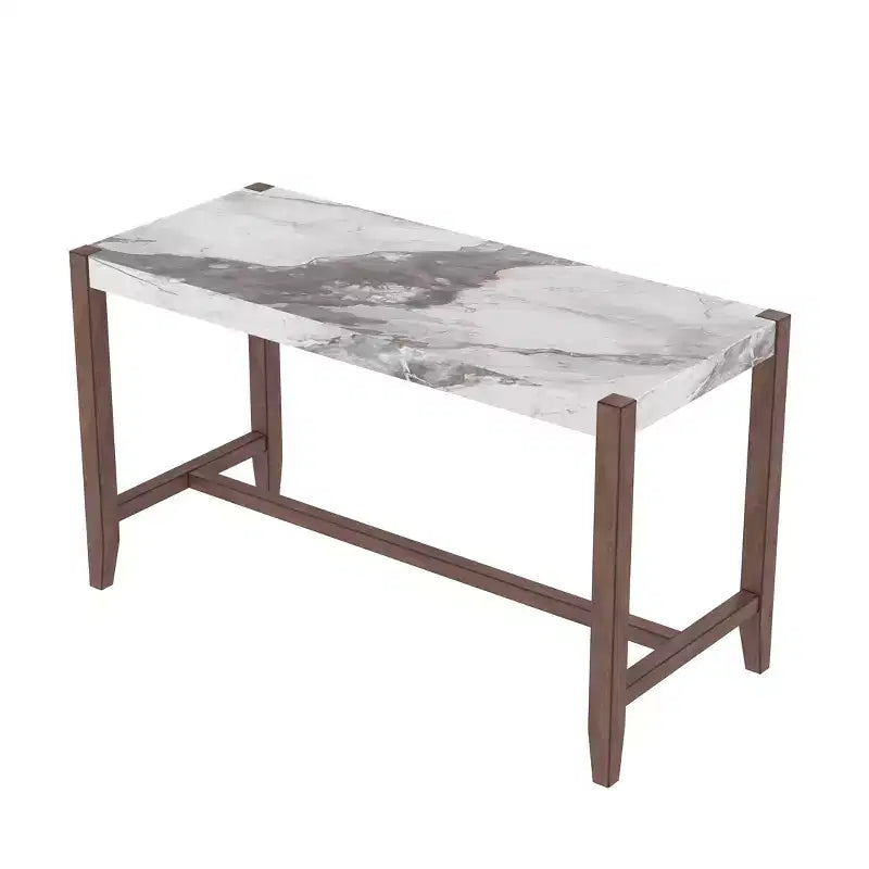 Ensemble table de salle à manger hauteur comptoir 3 ou 5 pièces, plateau en faux marbre et chaises rembourrées avec pieds en bois d'hévéa, marron - ModernLuxe