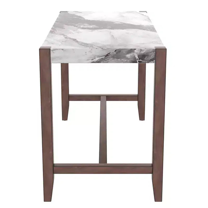 Ensemble table de salle à manger hauteur comptoir 3 ou 5 pièces, plateau en faux marbre et chaises rembourrées avec pieds en bois d'hévéa, marron - ModernLuxe