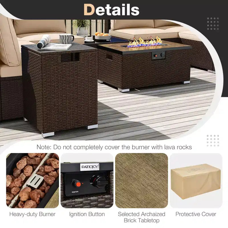 Costway Ensemble de Canapé Sectionnel de Patio 12 Pièces en Osier avec Table Foyer au Propane de 32 Pouces et Support de Réservoir Noir/Marron/Bleu Marine