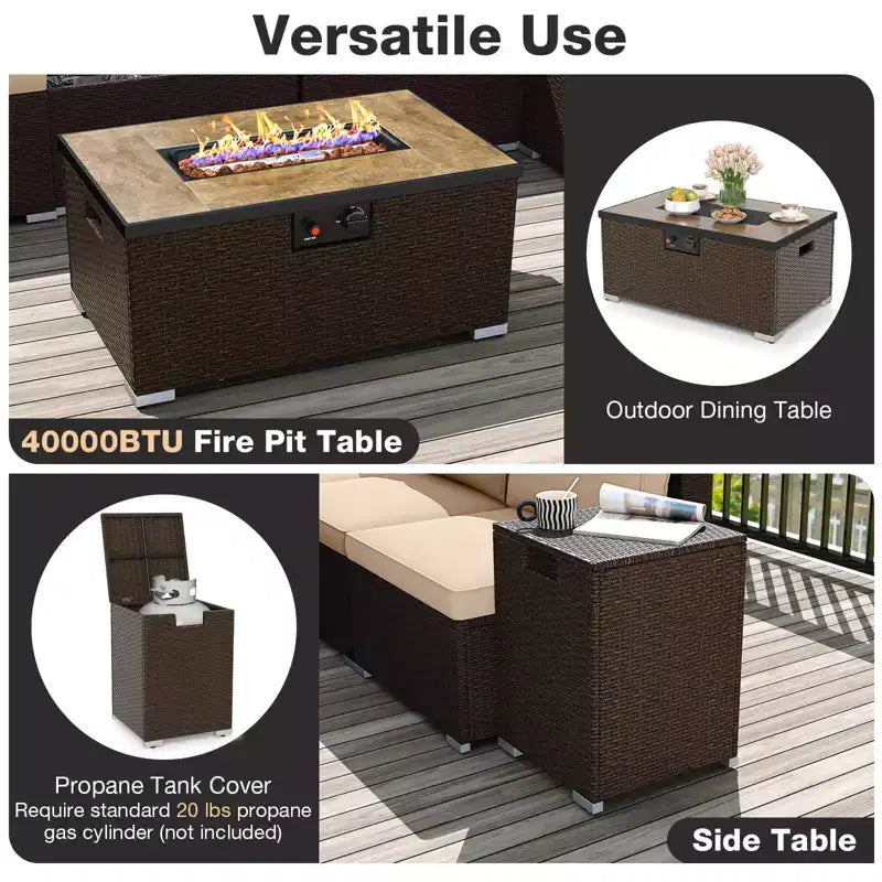 Costway Ensemble de Canapé Sectionnel de Patio 12 Pièces en Osier avec Table Foyer au Propane de 32 Pouces et Support de Réservoir Noir/Marron/Bleu Marine
