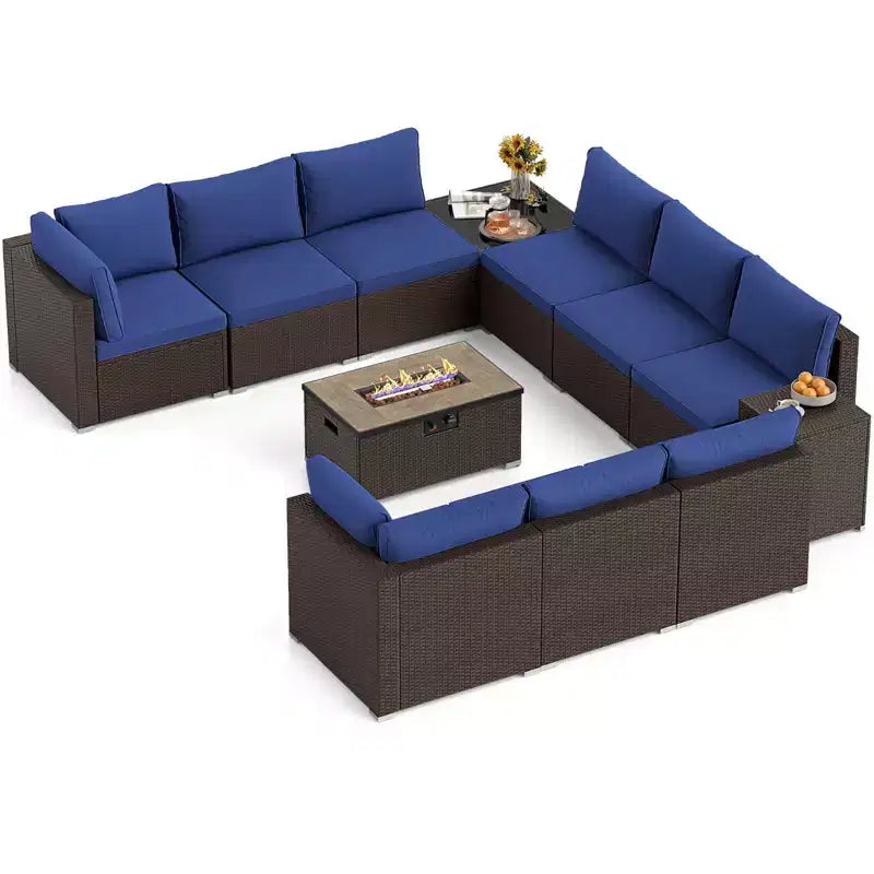 Costway Ensemble de Canapé Sectionnel de Patio 12 Pièces en Osier avec Table Foyer au Propane de 32 Pouces et Support de Réservoir Noir/Marron/Bleu Marine