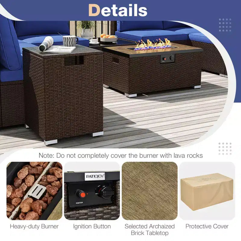Costway Ensemble de Canapé Sectionnel de Patio 12 Pièces en Osier avec Table Foyer au Propane de 32 Pouces et Support de Réservoir Noir/Marron/Bleu Marine
