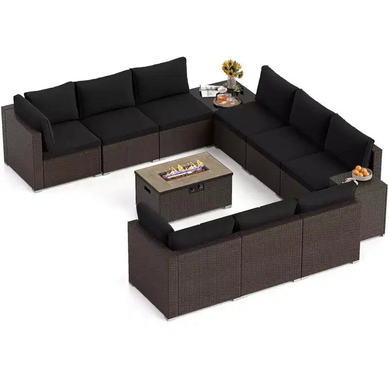Costway Ensemble de Canapé Sectionnel de Patio 12 Pièces en Osier avec Table Foyer au Propane de 32 Pouces et Support de Réservoir Noir/Marron/Bleu Marine