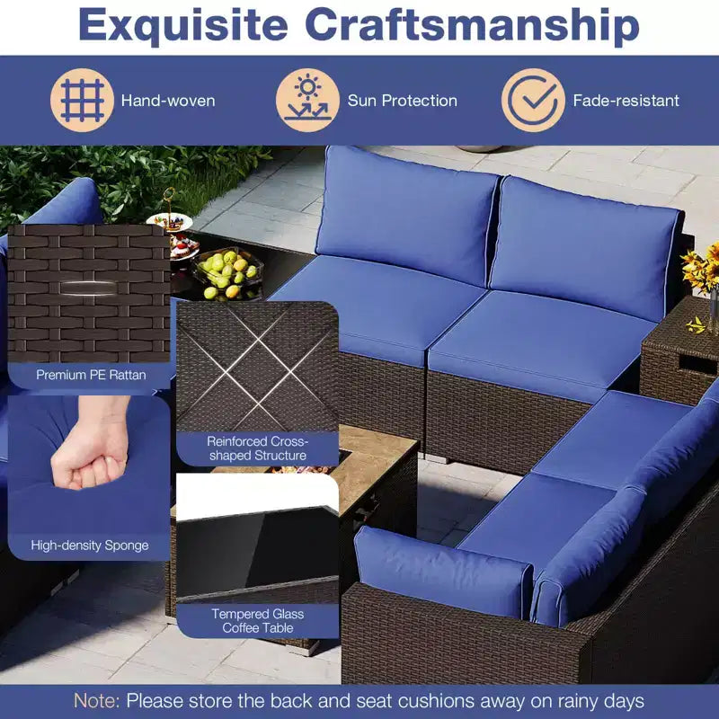 Costway Ensemble de Canapé Sectionnel de Patio 12 Pièces en Osier avec Table Foyer au Propane de 32 Pouces et Support de Réservoir Noir/Marron/Bleu Marine