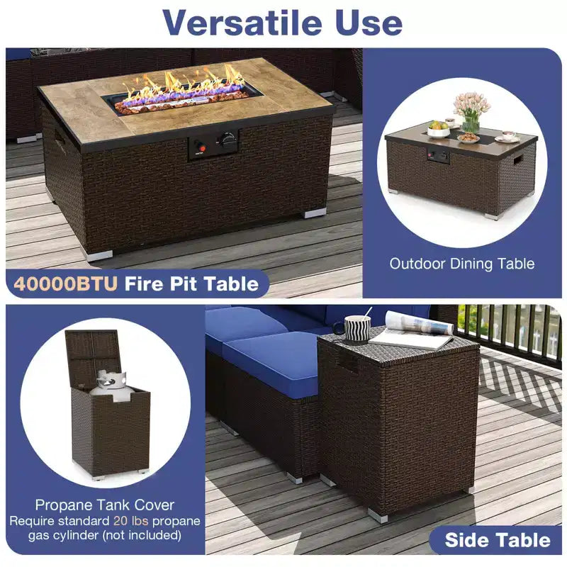 Costway Ensemble de Canapé Sectionnel de Patio 12 Pièces en Osier avec Table Foyer au Propane de 32 Pouces et Support de Réservoir Noir/Marron/Bleu Marine