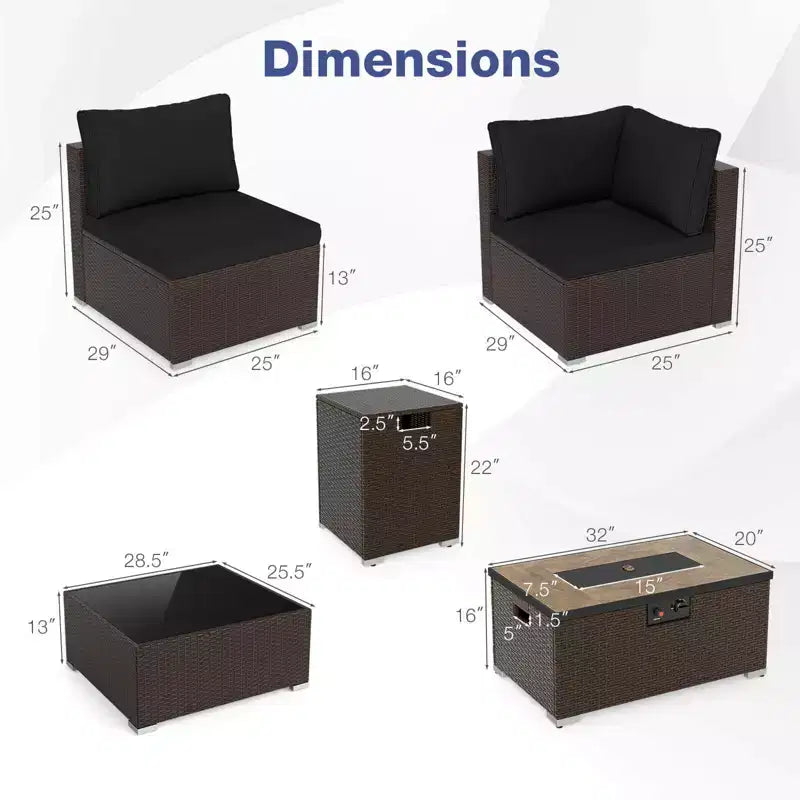 Costway Ensemble de Canapé Sectionnel de Patio 12 Pièces en Osier avec Table Foyer au Propane de 32 Pouces et Support de Réservoir Noir/Marron/Bleu Marine