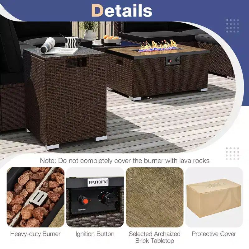 Costway Ensemble de Canapé Sectionnel de Patio 12 Pièces en Osier avec Table Foyer au Propane de 32 Pouces et Support de Réservoir Noir/Marron/Bleu Marine
