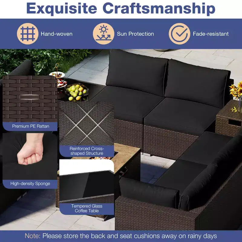 Costway Ensemble de Canapé Sectionnel de Patio 12 Pièces en Osier avec Table Foyer au Propane de 32 Pouces et Support de Réservoir Noir/Marron/Bleu Marine