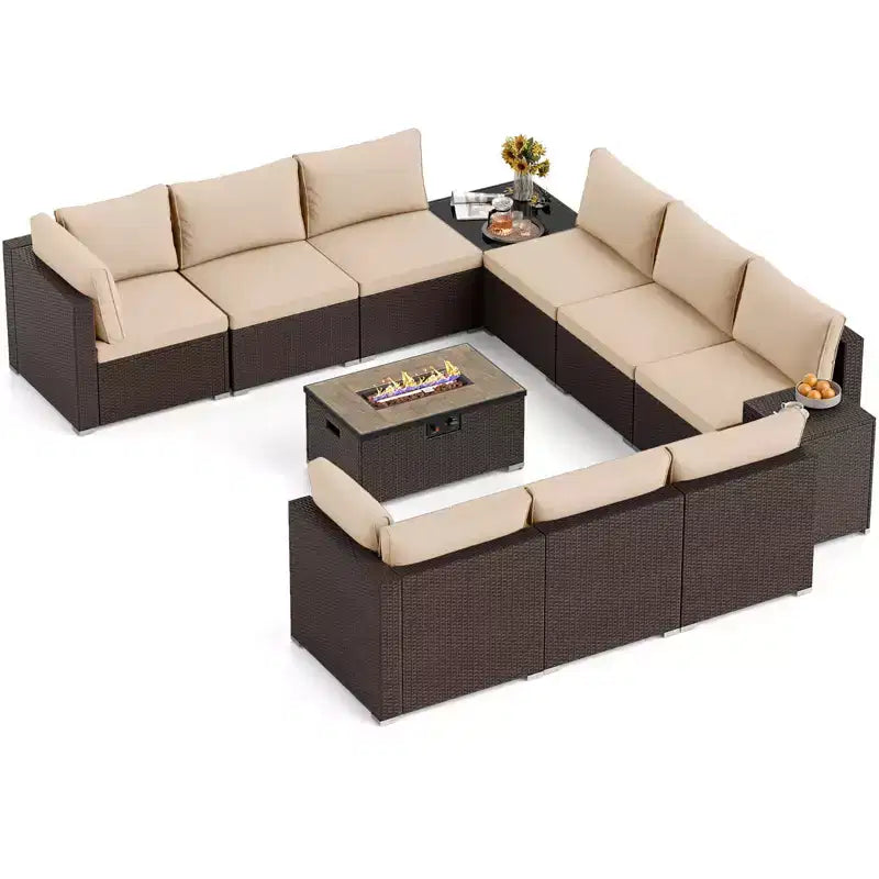 Costway Ensemble de Canapé Sectionnel de Patio 12 Pièces en Osier avec Table Foyer au Propane de 32 Pouces et Support de Réservoir Noir/Marron/Bleu Marine